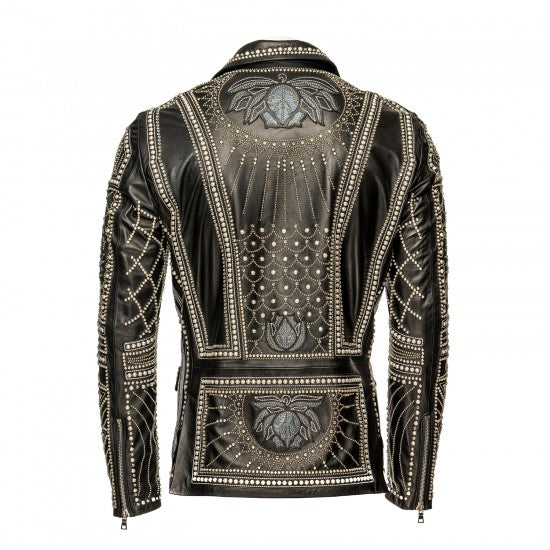 Embroidered Leather Jacket with Swarovski Accents