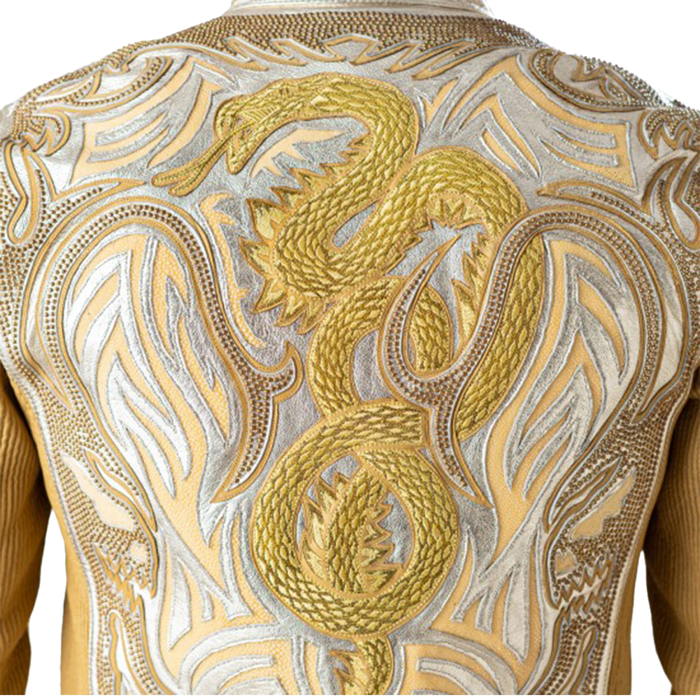 Gold Metallic Sheepskin Jacket with Embroidered Dragon Design