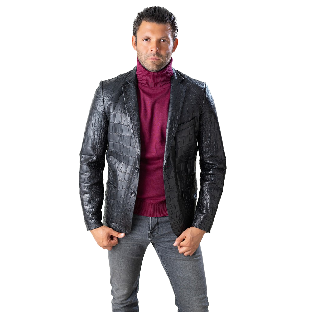 Black Alligator Skin Blazer with Lapel Collar