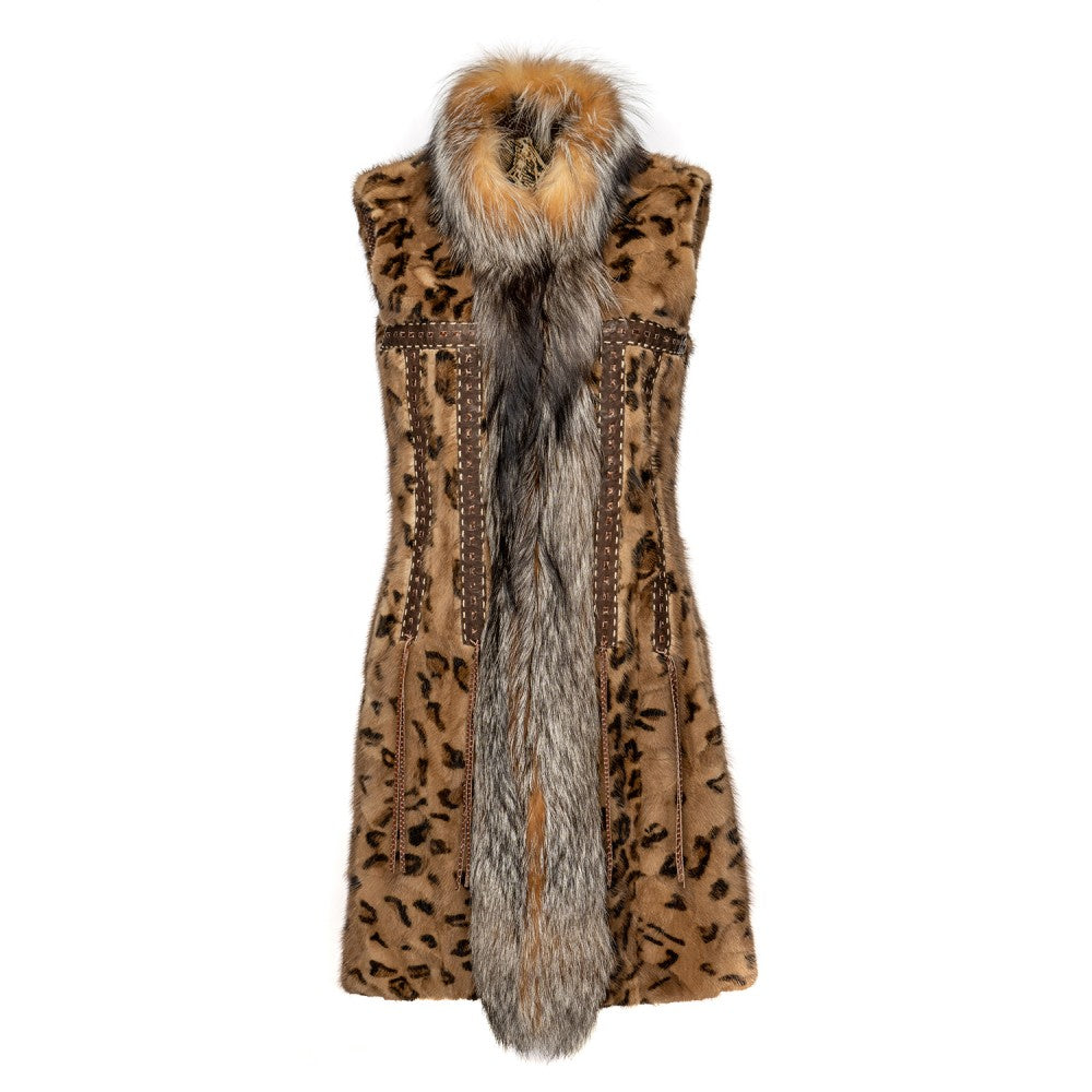 Chaleco de piel de visón estampada con cuello de piel de zorro