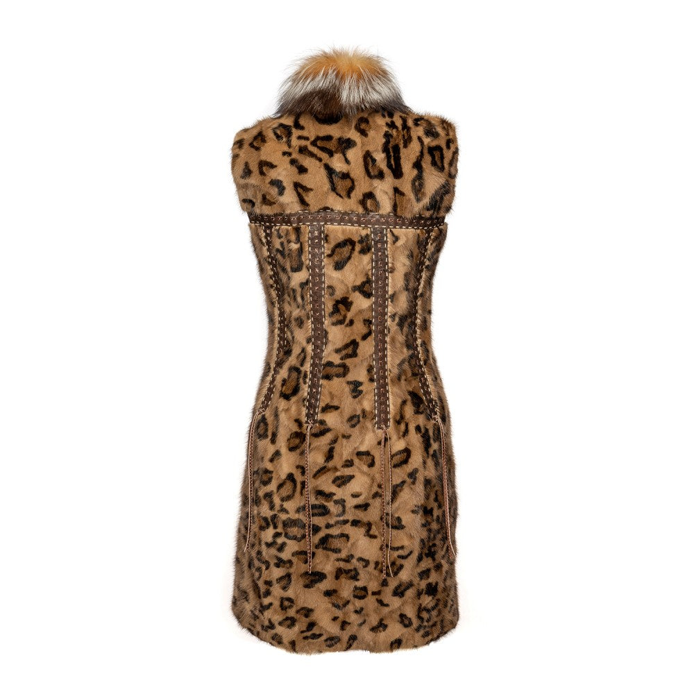 Chaleco de piel de visón estampada con cuello de piel de zorro