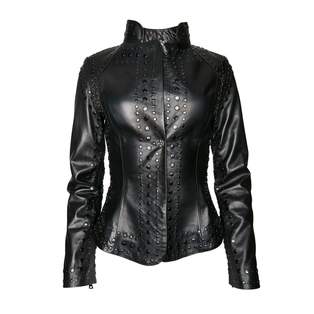 Black Sheepskin Jacket with Metal Accents