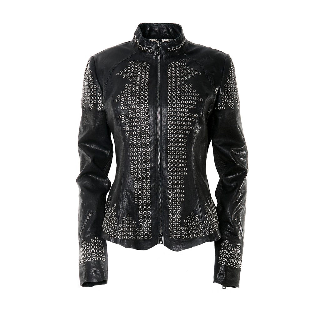 Black Sheepskin Jacket with Metal Ring Accents