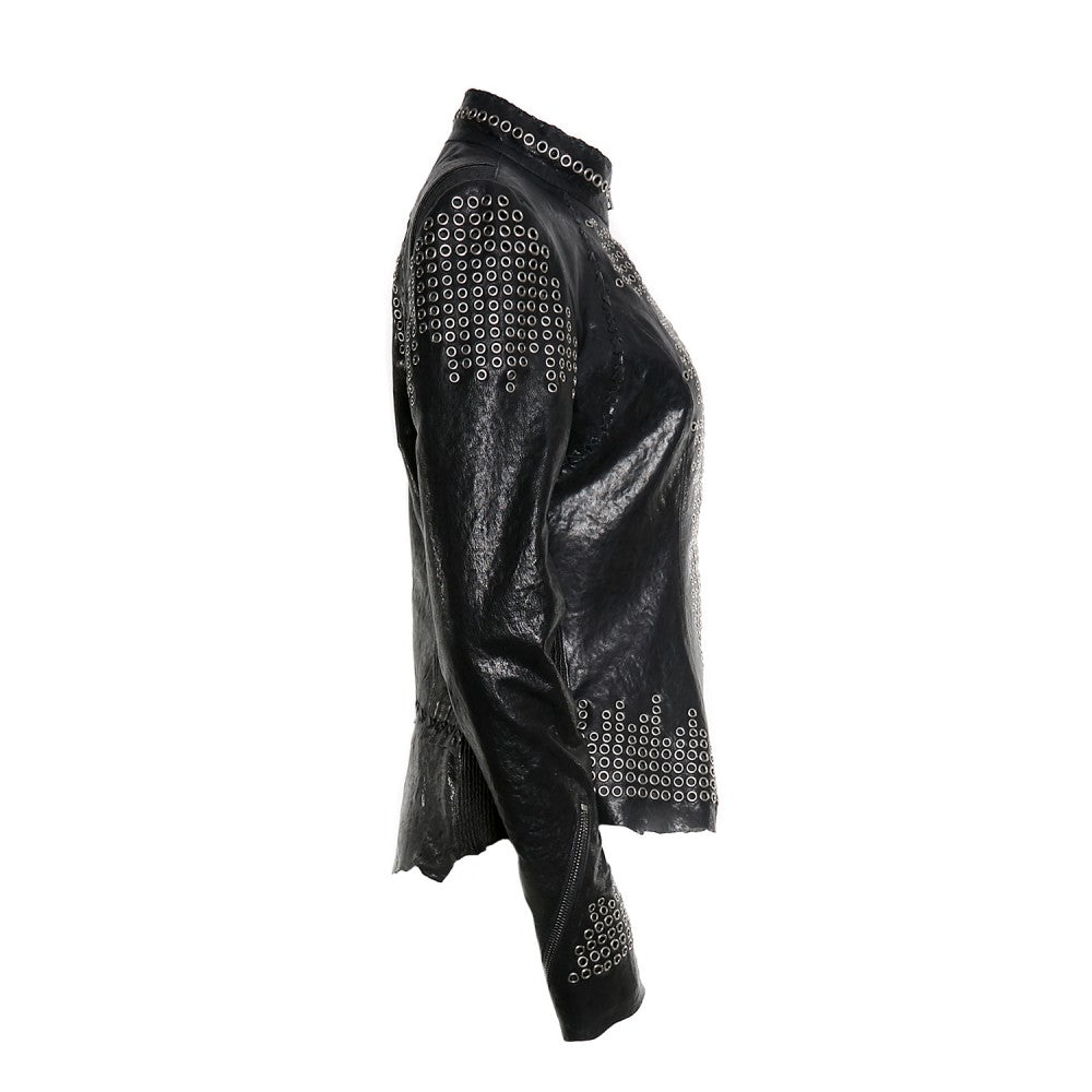 Black Sheepskin Jacket with Metal Ring Accents