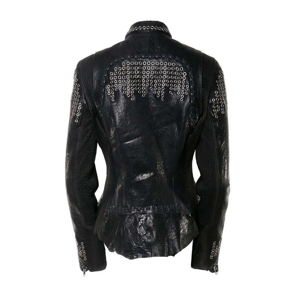 Black Sheepskin Jacket with Metal Ring Accents