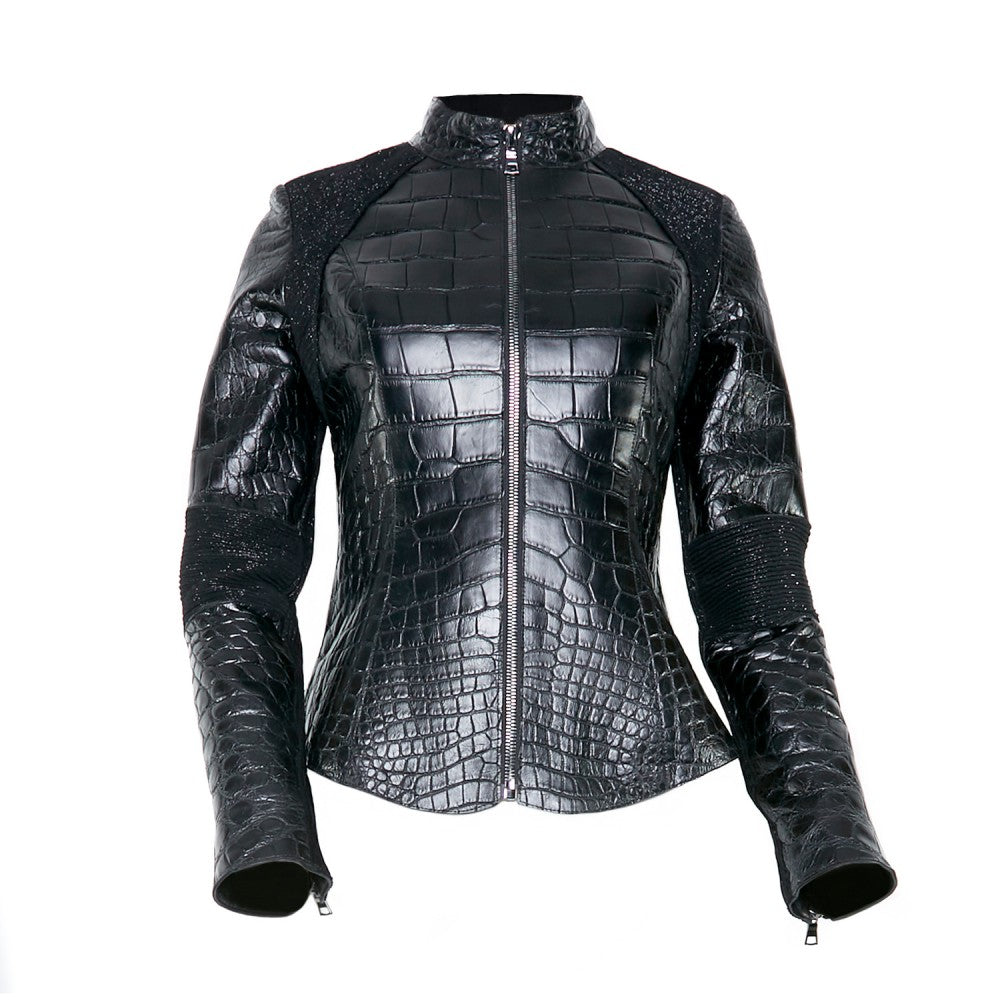 Black Alligator Leather Moto Jacket