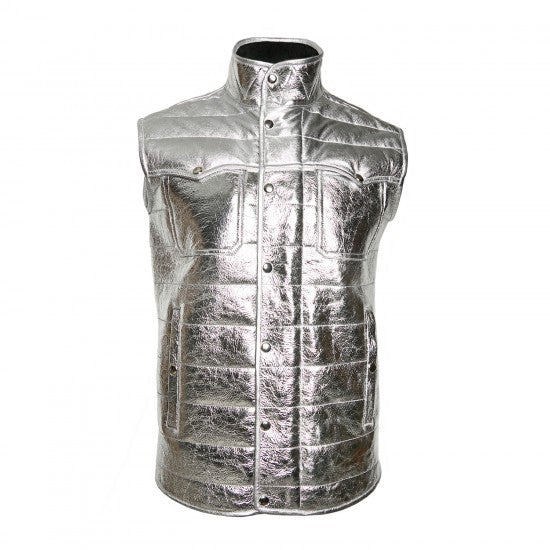 Chaleco de piel de oveja metalizada plateada