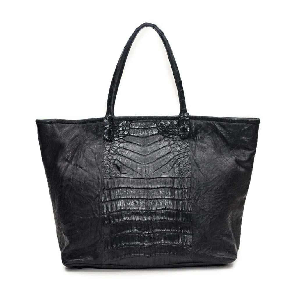 Black Leather and Caiman Panel Tote Bag