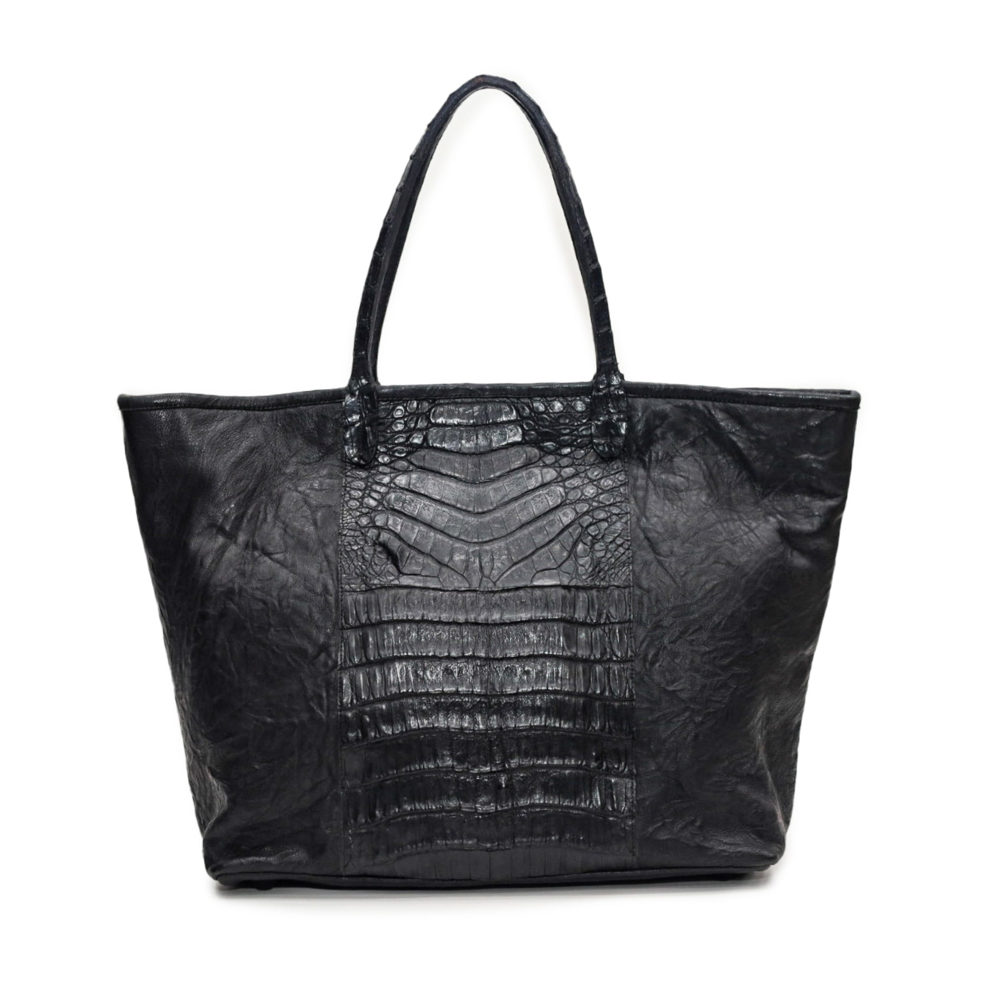 Black Leather and Caiman Panel Tote Bag