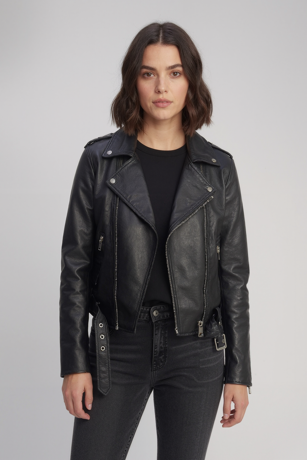 Leather Moto Jacket with Red Lining