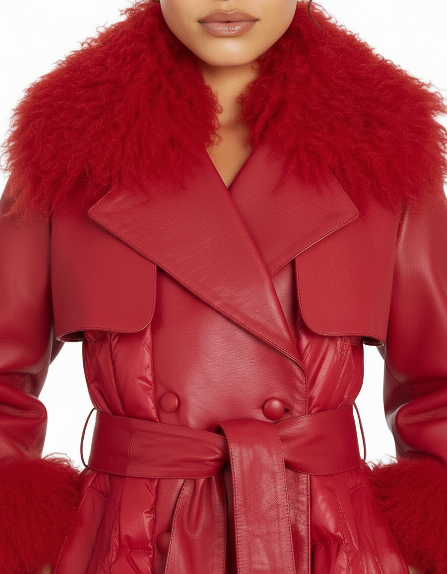 Leather Trench Coat with Mongolian Lamb Collar