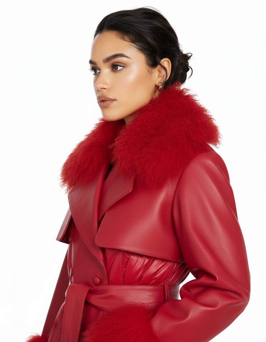 Leather Trench Coat with Mongolian Lamb Collar