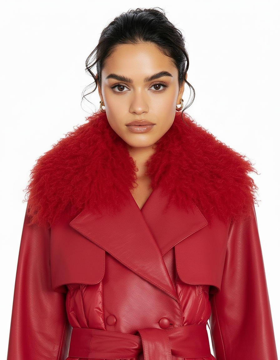 Leather Trench Coat with Mongolian Lamb Collar