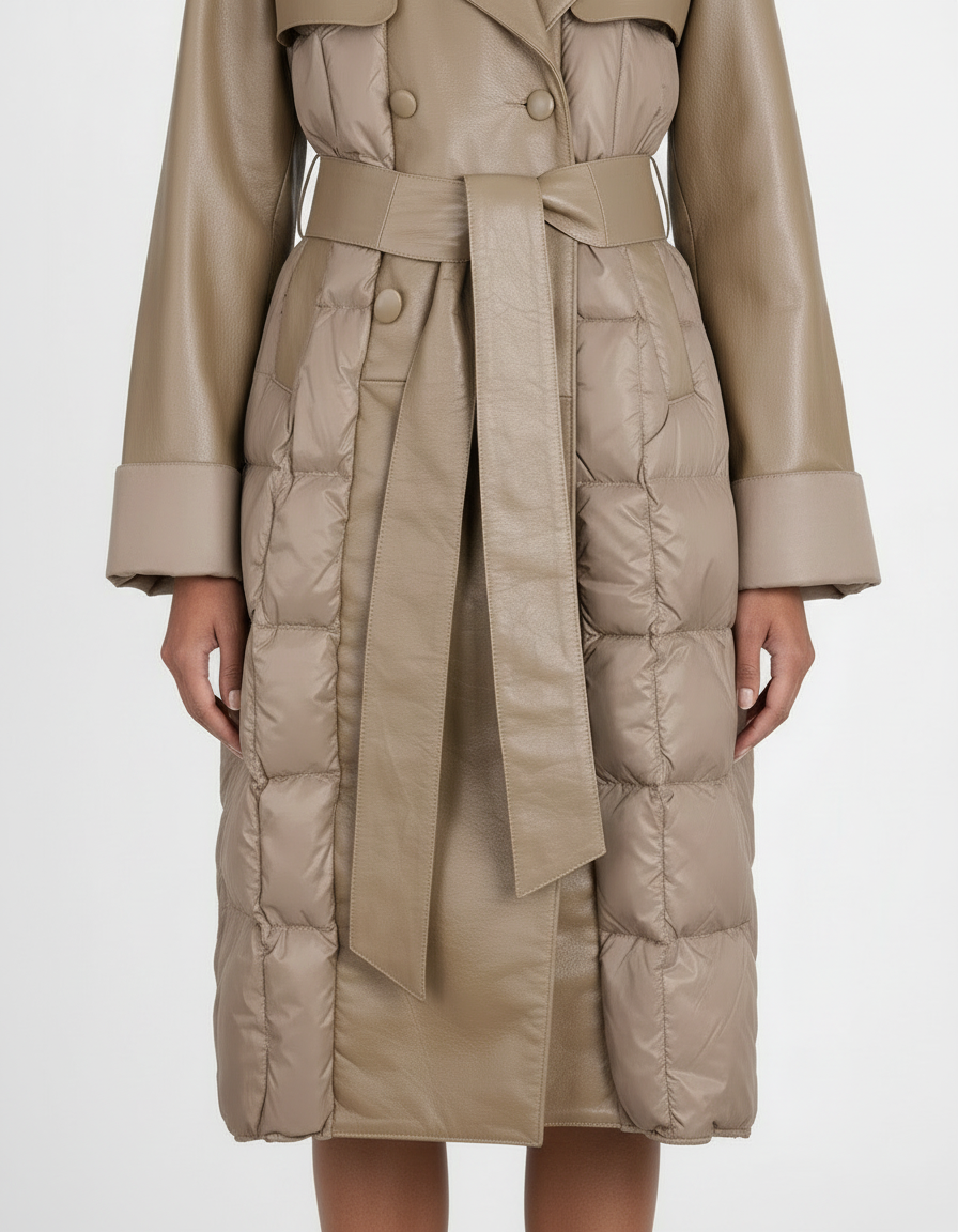 Leather & Nylon Goose Down Trench Coat