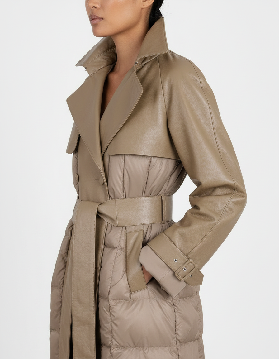 Leather & Nylon Goose Down Trench Coat