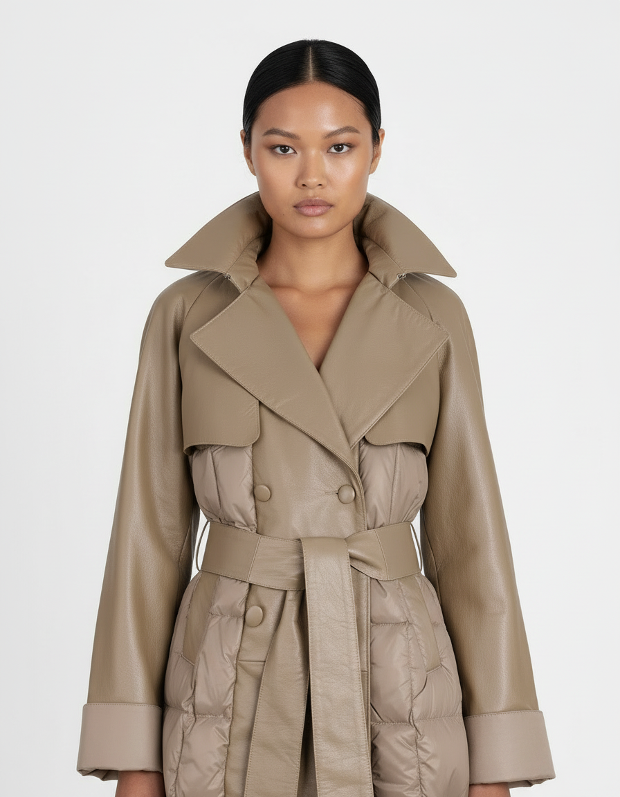 Leather & Nylon Goose Down Trench Coat