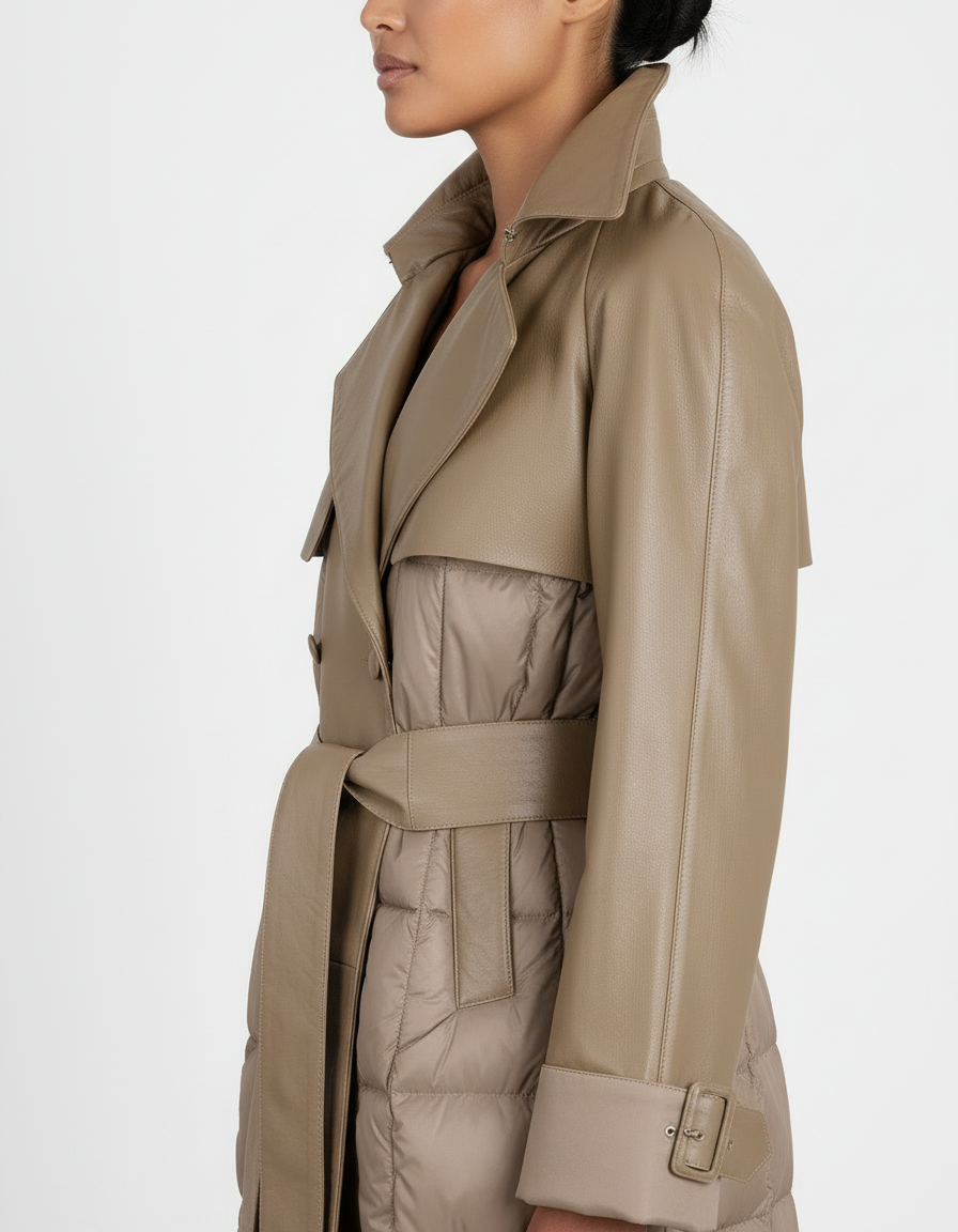 Leather & Nylon Goose Down Trench Coat