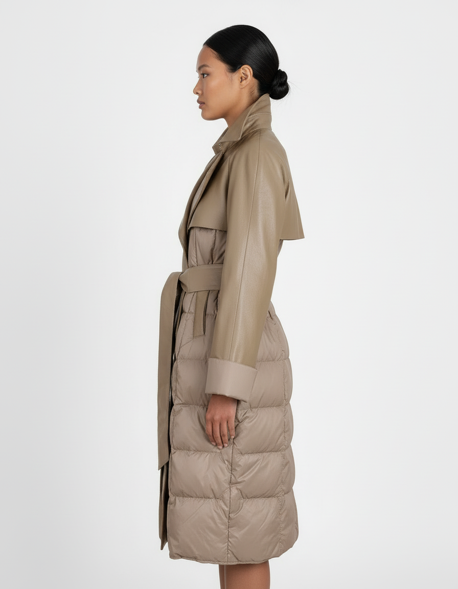 Leather & Nylon Goose Down Trench Coat